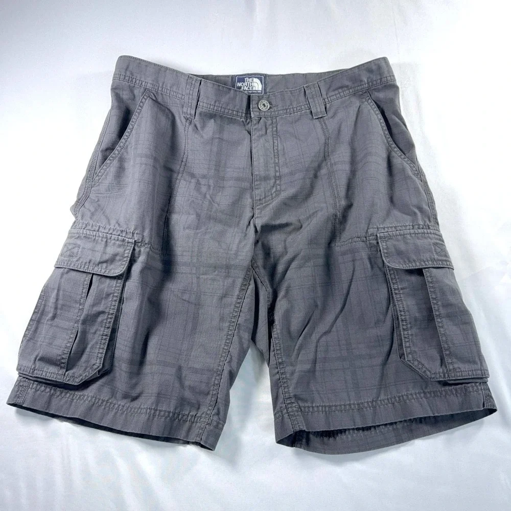 The North Face Cargo Hiking Shorts Mens 36 Gray Plaid Ripstop Utility 36x10.5